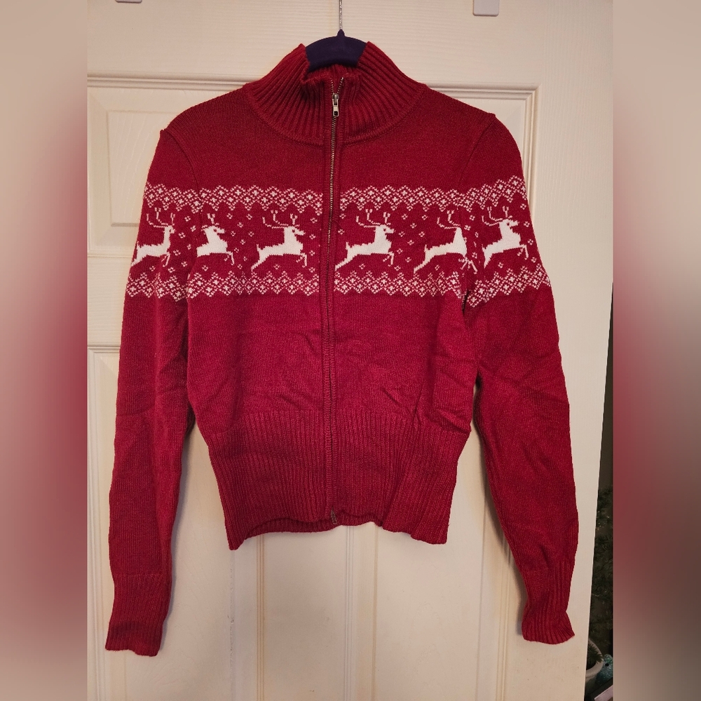 Arden B Red Cardigan with Reindeer Pattern